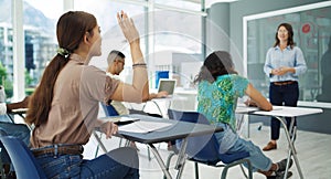 Student, question and woman in a classroom with lecture and studying for college. University class, learning and