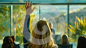 Student raising hand in class. AI generated