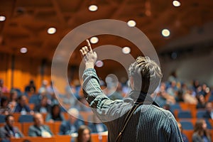 Student Raising Hand in University Lecture Hall.