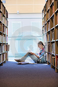 Student reading book while sitting against bookshelf at library