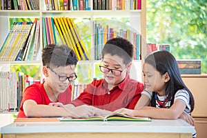Student reading book together in school library