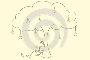 Student reading book under bulb tree