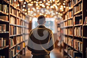 A student reading a book in a library with shelves of books, artistic bokeh background photo