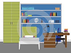 Student room interior design vector illustration flat set photo