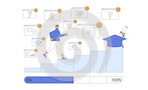 Student running up ladder for diploma. Gamification in learning