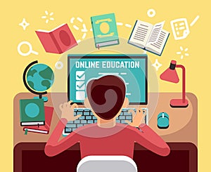 Student or school boy studying on computer. Online lesson and education vector concept