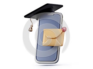 Student school college university exam admission. Graduation hat on mobile phone and close envelope with notification