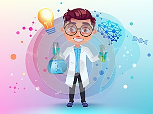 Student scientist  vector character. Boy character with beaker and science logo icons in lab coat and eyeglasses for smart kid.