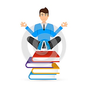 Student sit above a books and meditate. Vector