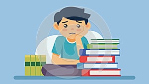 A student sitting in front of a stack of textbooks with a pained expression symbolizing the burden of expensive course photo