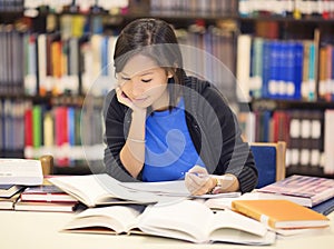 Student sitting and reading book in library