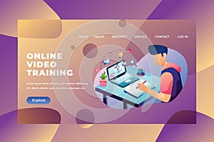 Student Sitting and Working the Homework Using Online Video Training - Web Page Header Landing Page Template Illustration