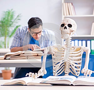 Student skeleton listening to lecture in classroom