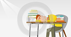 Student sleeping at the desk with book.