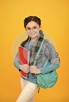 Student smart cute girl goes classes for gifted children, favorite subject concept