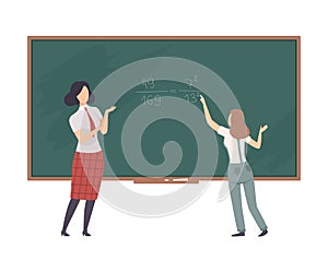 Student solve equation on blackboard with the help of teacher vector illustration