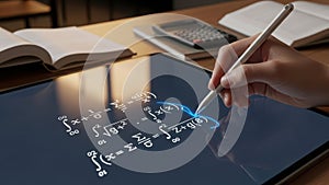 Student solving math equations on digital tablet