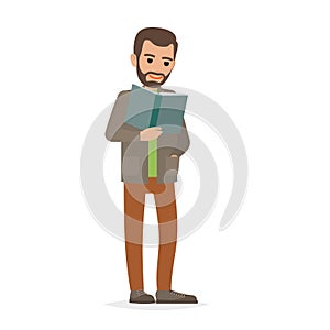 Student Standing and Reading Textbook Flat Vector