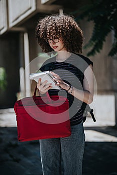 Student holding a red bag while reading notes outdoors