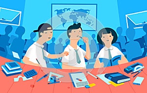 Student study in a classroom, three character boys and girl and many classmates silhouette as background vector illustration