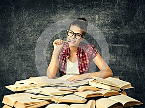 Student Studying Books, Young University Woman Read Many Book over Blackboard