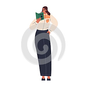 Student studying, learning with academic book in hand, preparing for university exam. Woman reader standing, reading