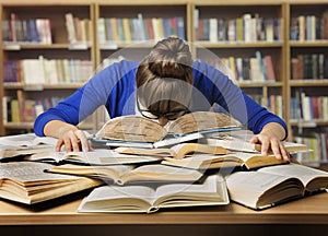 Student Studying, Sleeping on Books, Tired Girl Read in Library