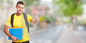 Student success successful thumbs up smiling people town banner copyspace copy space