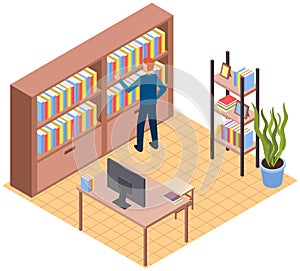 Student taking book at library icon bookcase. Man at bookstore standing near bookshelf with books