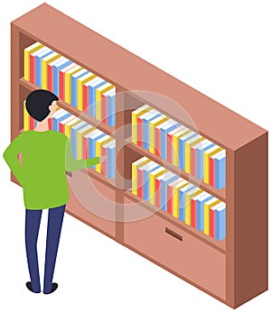 Student taking book at library icon bookcase. Man at bookstore standing near bookshelf with books