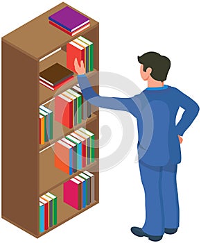 Student taking book at library icon bookcase. Man at bookstore standing near bookshelf with books