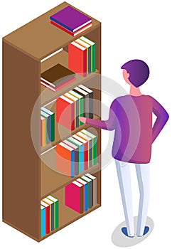 Student taking book at library icon bookcase. Man at bookstore standing near bookshelf with books