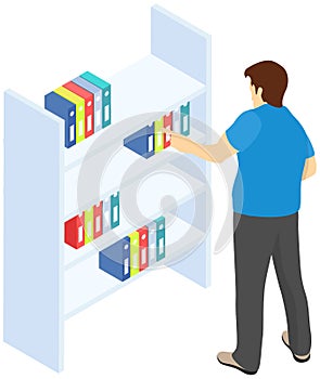 Student taking book at library icon bookcase. Man at bookstore standing near bookshelf with books