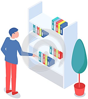 Student taking book at library icon bookcase. Man at bookstore standing near bookshelf with books