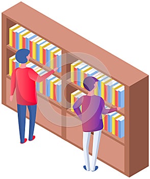 Student taking book at library icon bookcase. Man at bookstore standing near bookshelf with books