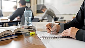 Student taking notes with pen and notebook during classroom study session