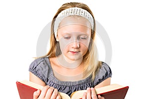 Student teenager girl reading a book isolated