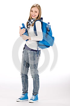 Student teenager woman with schoolbag book photo