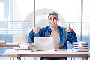 Student in telelearning distance learning concept reading in lib