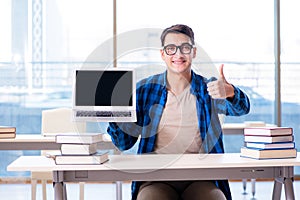 Student in telelearning distance learning concept reading in lib