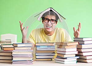 Student with too many books to read before exam