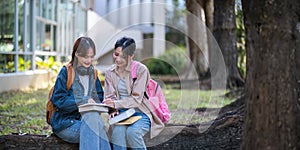 Student university friendship concept with classmate sitting together at campus college park. Youth teenage and