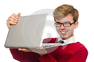 Student using laptop isolated on white