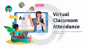 student in virtual classroom using smart interactive board virtual attendance e-learning online education concept