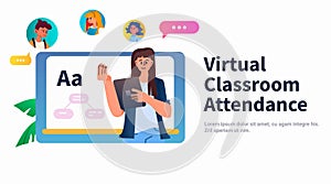 student in virtual classroom using smart interactive board virtual attendance e-learning online education concept