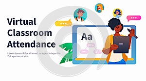 student in virtual classroom using smart interactive board virtual attendance e-learning online education concept