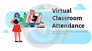 student in virtual classroom using smart interactive board virtual attendance e-learning online education concept
