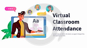 student in virtual classroom using smart interactive board virtual attendance e-learning online education concept