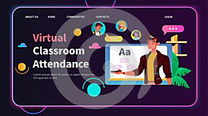 student in virtual classroom using smart interactive board virtual attendance e-learning online education concept