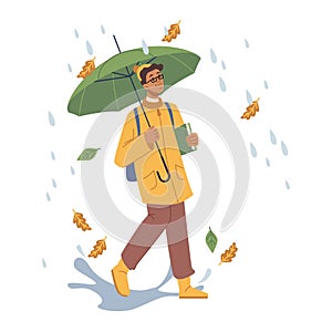 Student walking under rain fall holding umbrella